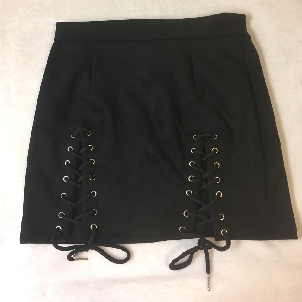 Lace up black mini skirt